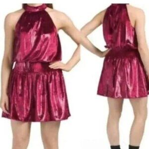 Ramy Brook Ellin Velvet Halter Neck Mini Dress Smocked Waist Red M
